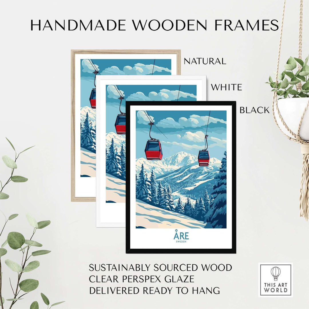 Handmade wooden frames in natural, white, and black showcasing a scenic ski poster of Åre, Sweden, made from sustainably sourced wood.