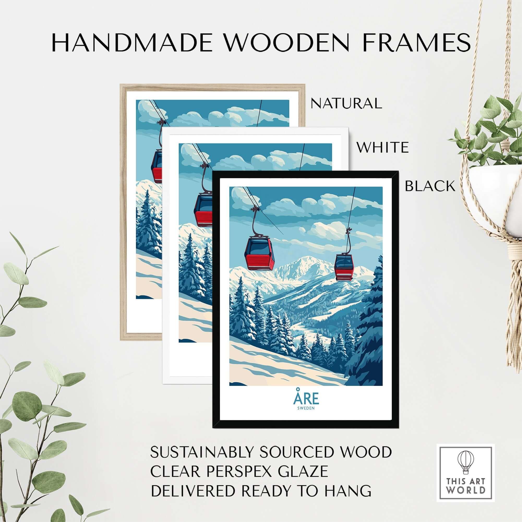 Handmade wooden frames in natural, white, and black showcasing a scenic ski poster of Åre, Sweden, made from sustainably sourced wood.