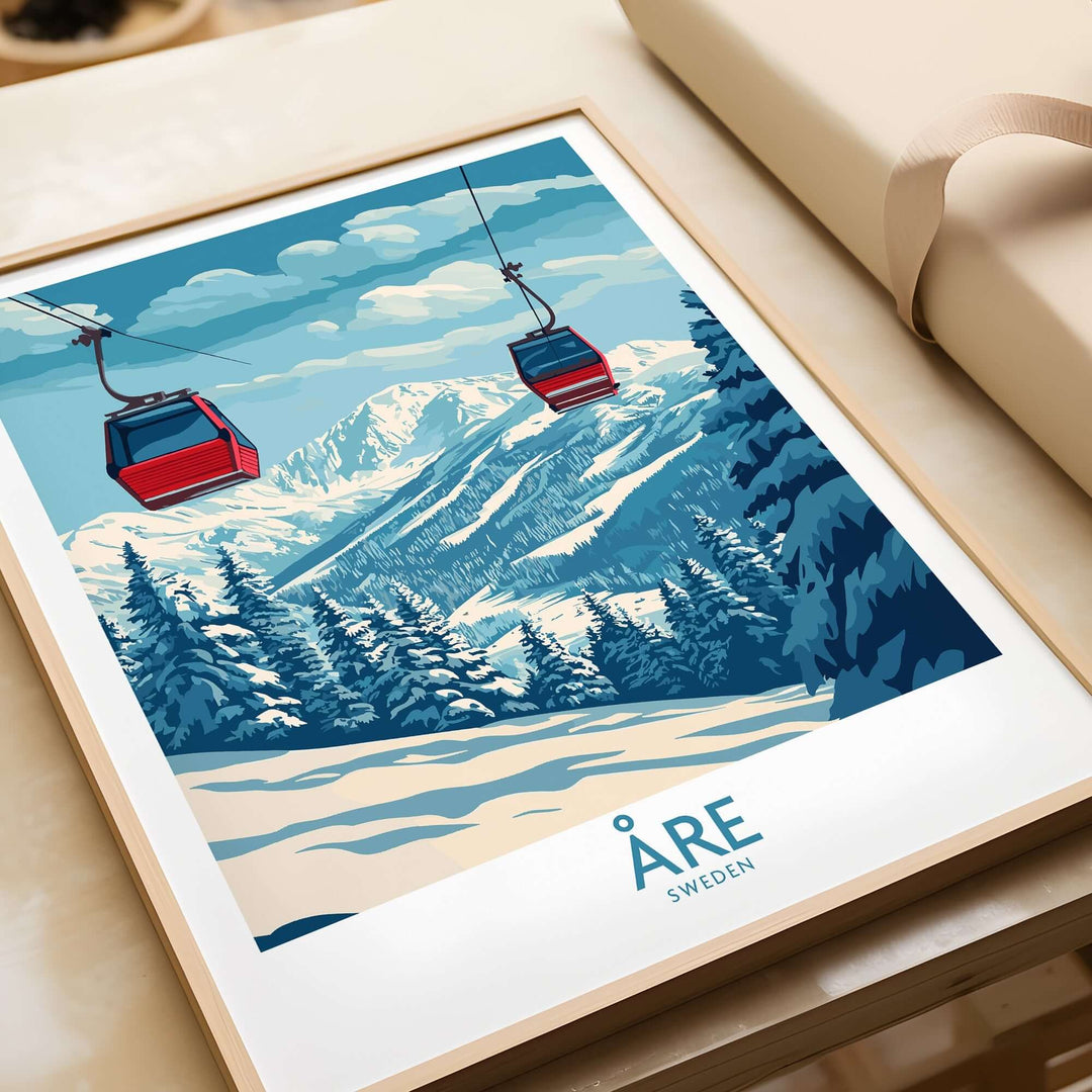 Ski poster of Åre, Sweden featuring gondolas, snowy mountains, and scenic alpine landscape, perfect for ski enthusiasts.