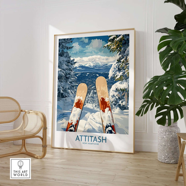 Ski poster of Attitash, New Hampshire, showcasing snowy mountains and skis for winter sports enthusiasts.