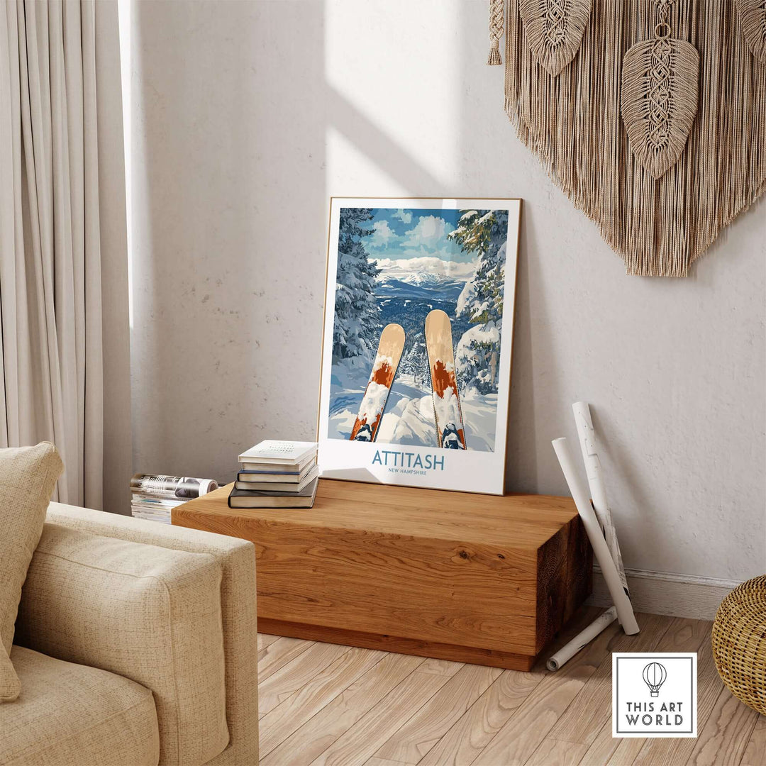 Ski poster of Attitash, New Hampshire, showcasing mountain views and skis in a stylish home setting.