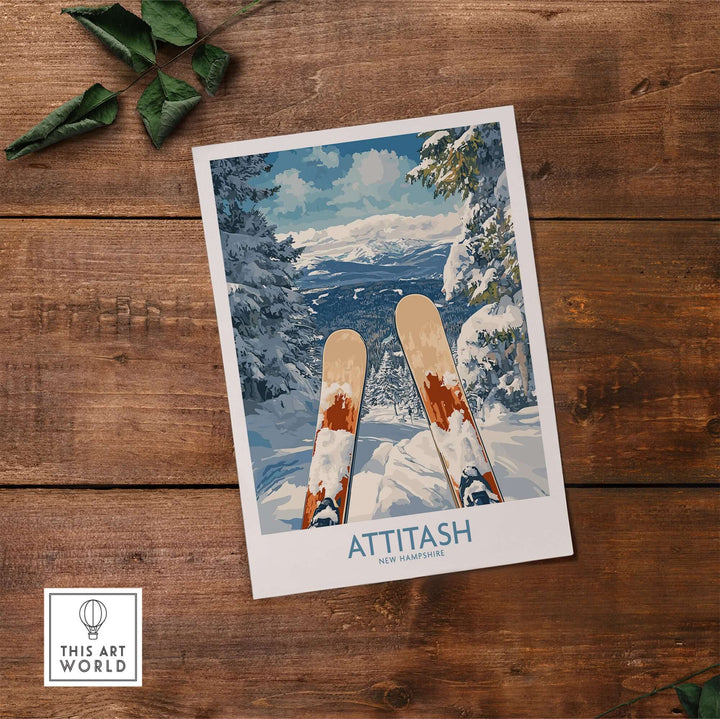 Ski poster featuring Attitash, New Hampshire with mountain views and skis, perfect for ski enthusiasts and home decor.