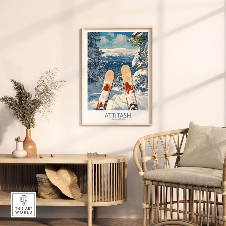 Ski poster featuring Attitash, New Hampshire, with skis on snow and vibrant mountain scenery in a stylish home setting.