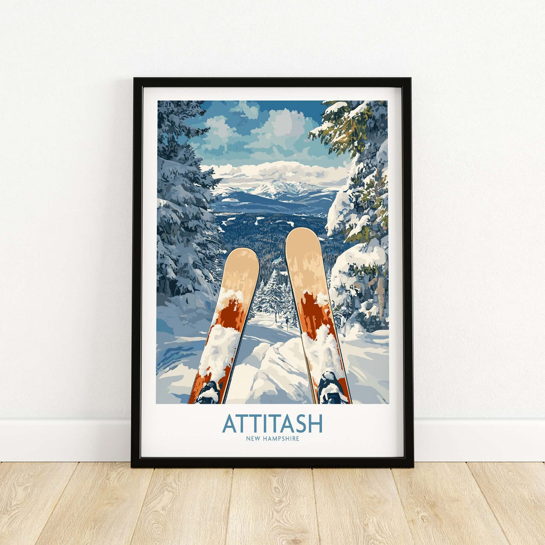 Ski poster of Attitash, New Hampshire, showcasing stunning mountain views and slopes, framed for home or office decor.