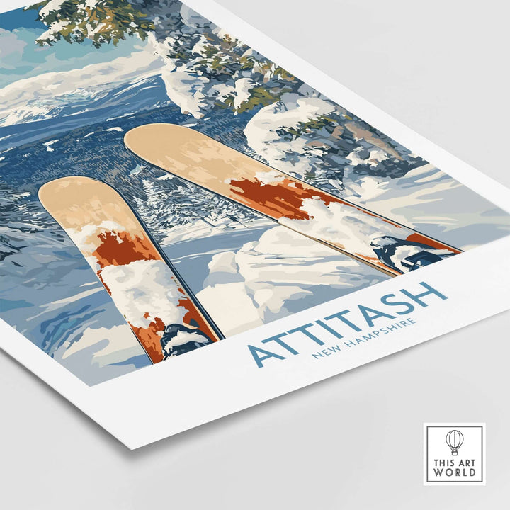 Ski poster featuring Attitash, New Hampshire, with vibrant mountain scenery and skis in the foreground. Perfect for ski enthusiasts.