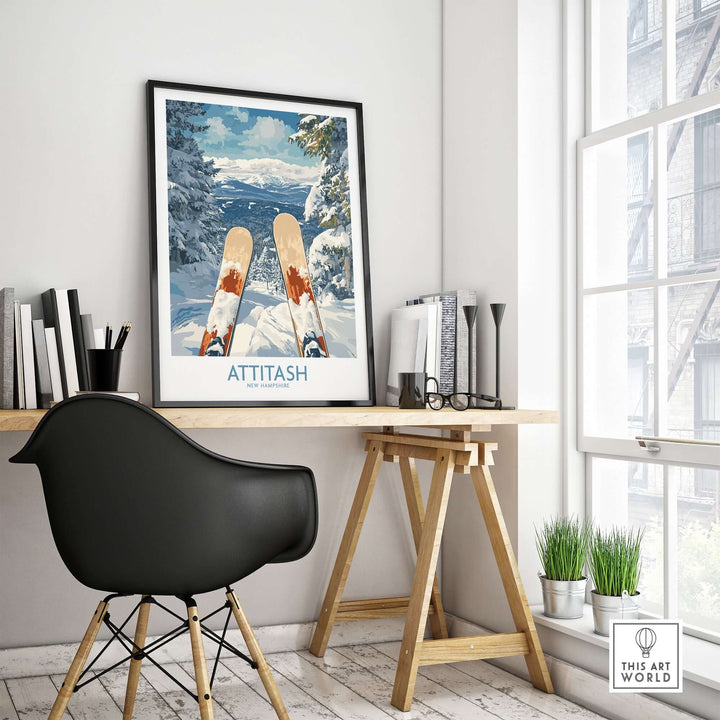 Ski poster of Attitash, New Hampshire, displayed in a stylish home office setting with skis and snow-covered mountains.