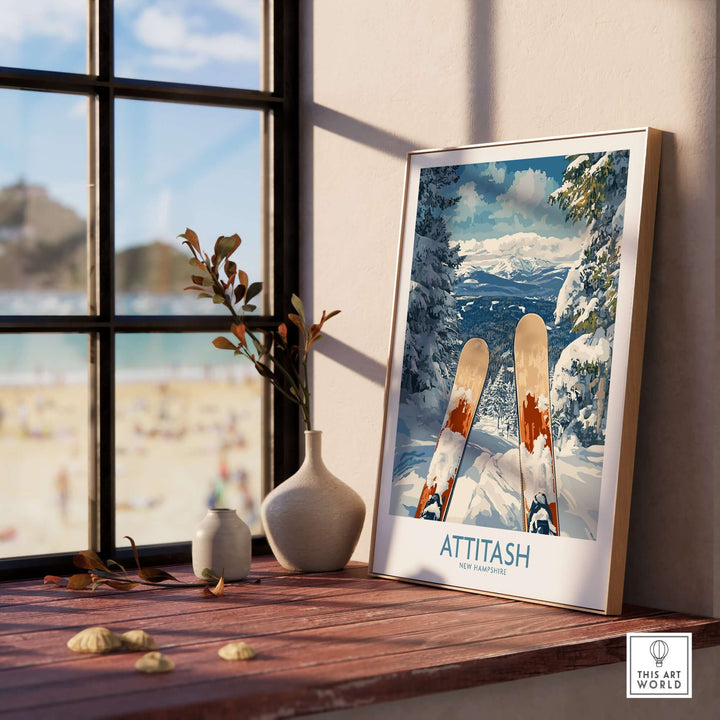 Ski poster of Attitash, New Hampshire, showcasing mountain views and skis in a cozy indoor setting.