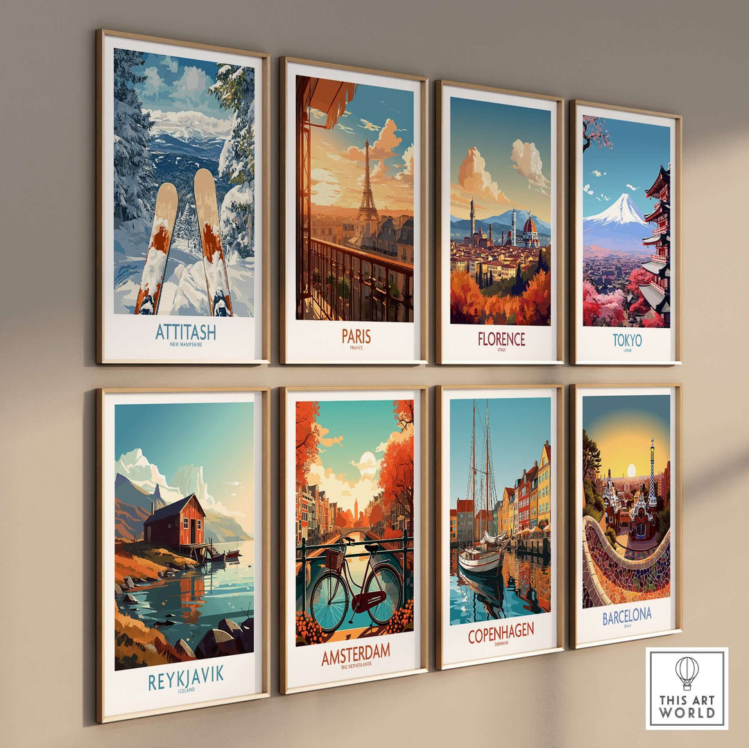 Eight travel-themed posters featuring Attitash, Paris, Florence, Tokyo, Reykjavik, Amsterdam, Copenhagen, and Barcelona.