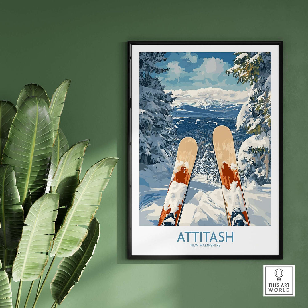 Ski poster of Attitash, New Hampshire, showcasing scenic slopes and snowy mountains, perfect for ski enthusiasts.