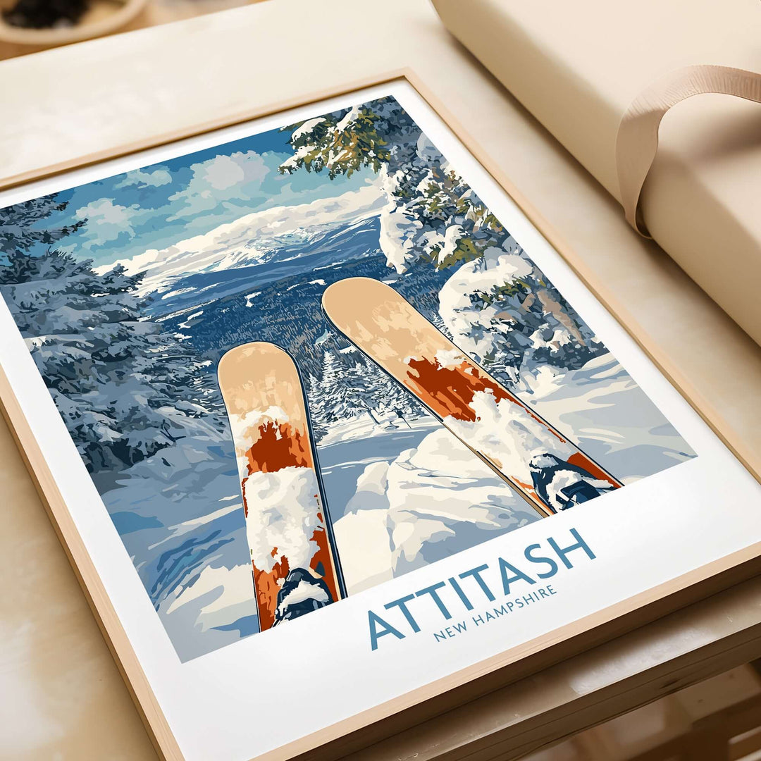 Ski poster of Attitash, New Hampshire, featuring snowy mountains and skis, perfect for inspiring adventure and ski trips.