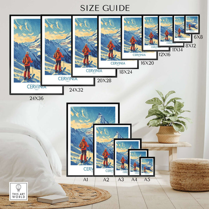 Ski poster size guide for Cervinia, Italy, showcasing various frame sizes in a cozy home setting.