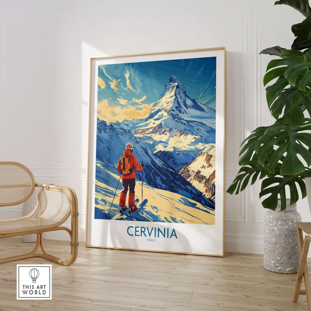 Ski poster of Cervinia, Italy, showcasing breathtaking mountain views and a skier against a stunning backdrop.