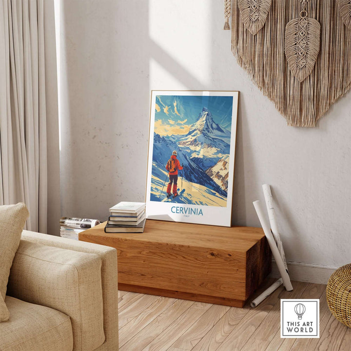 Vintage ski poster of Cervinia, Italy, showcasing stunning mountain views and skier in a cozy living room setting.