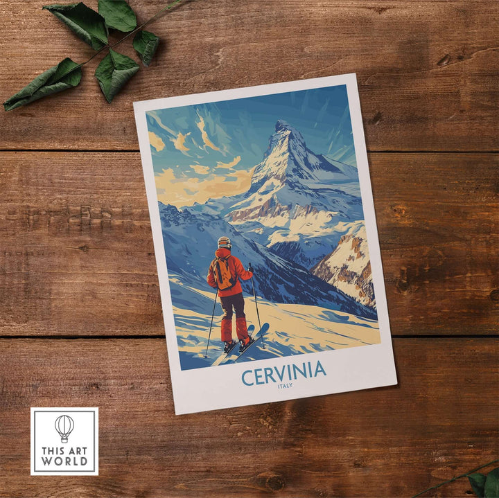 Ski poster of Cervinia, Italy, showcasing a skier against breathtaking mountain scenery and blue skies. Perfect for home decor.