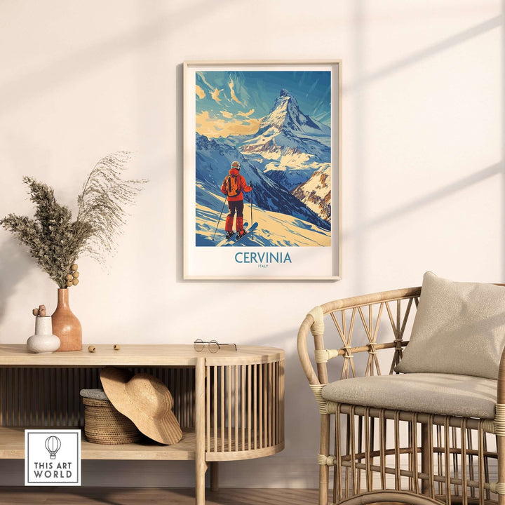 Ski poster of Cervinia, Italy, showcasing stunning mountain views and a skier, perfect for home decor inspiration.