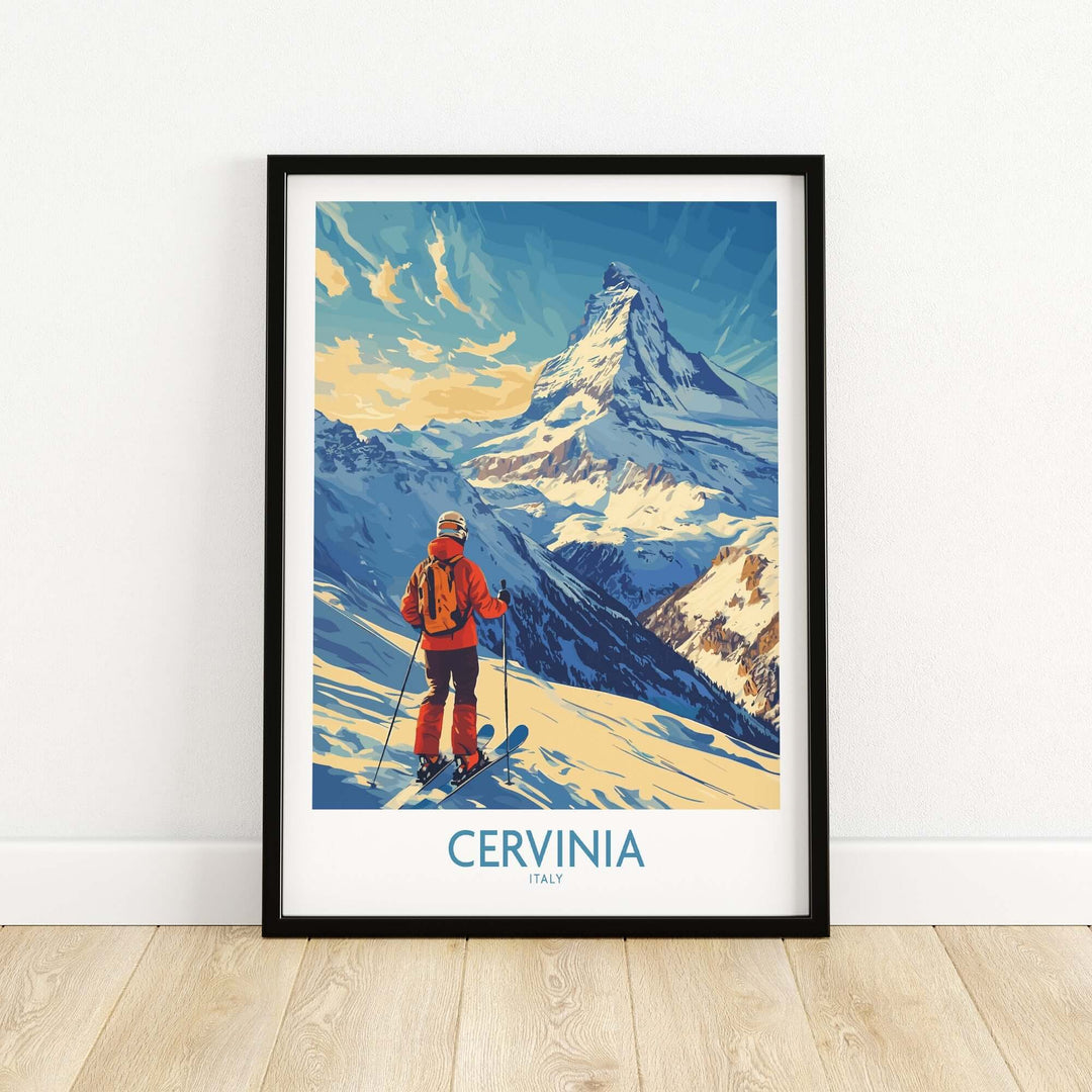 Ski poster of Cervinia, Italy showcasing mountain views and a skier in bright orange gear against a stunning landscape.