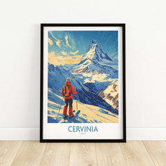 Ski poster of Cervinia, Italy showcasing mountain views and a skier in bright orange gear against a stunning landscape.
