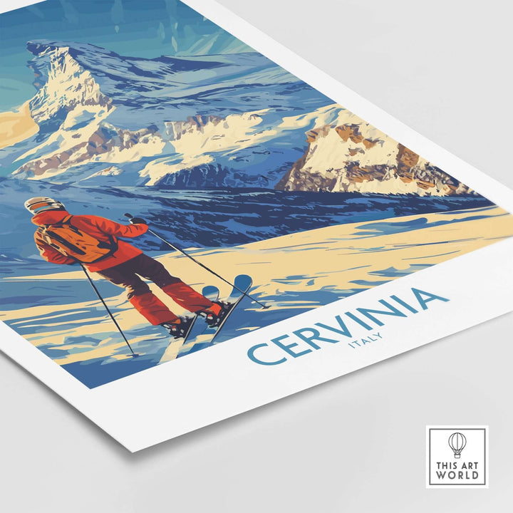 Vintage ski poster of Cervinia, Italy showcasing a skier on breathtaking snowy slopes and majestic mountain views.