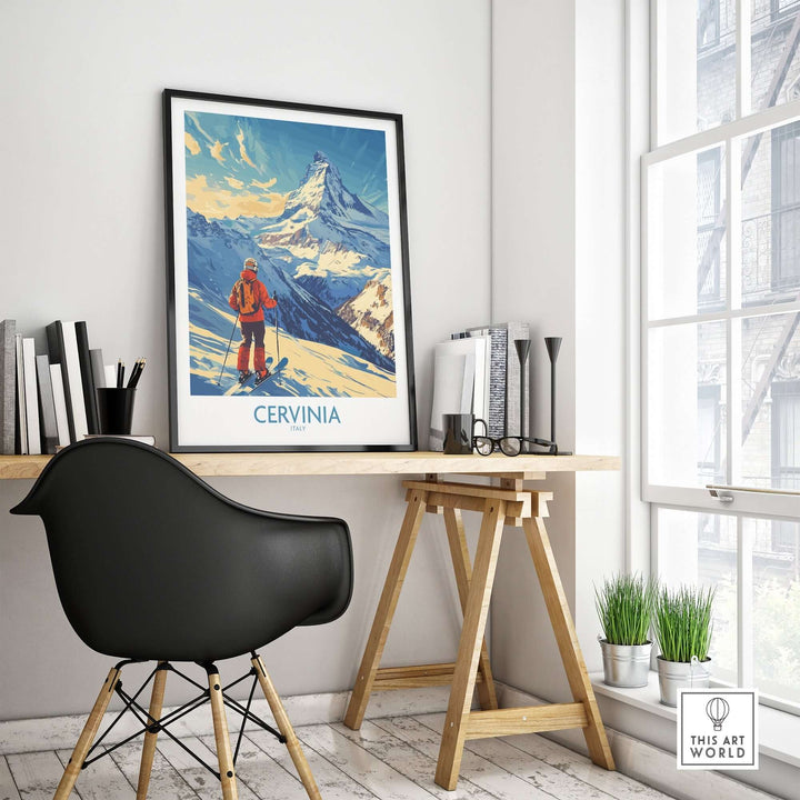 Ski poster of Cervinia, Italy in a stylish home office setup, showcasing vibrant mountain scenery and ski inspiration.