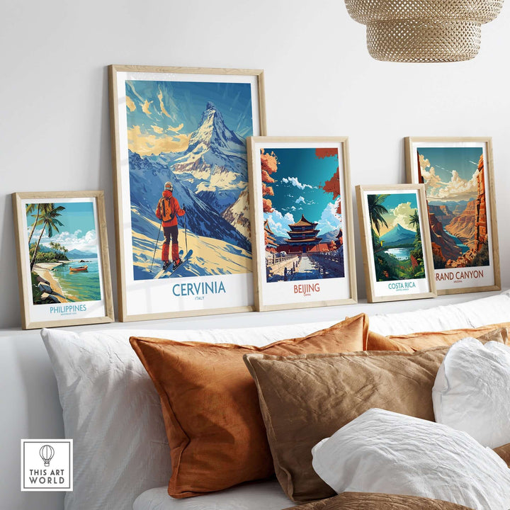 Vintage travel posters featuring skiing in Cervinia, Italy, alongside stunning destinations like Beijing and Costa Rica.