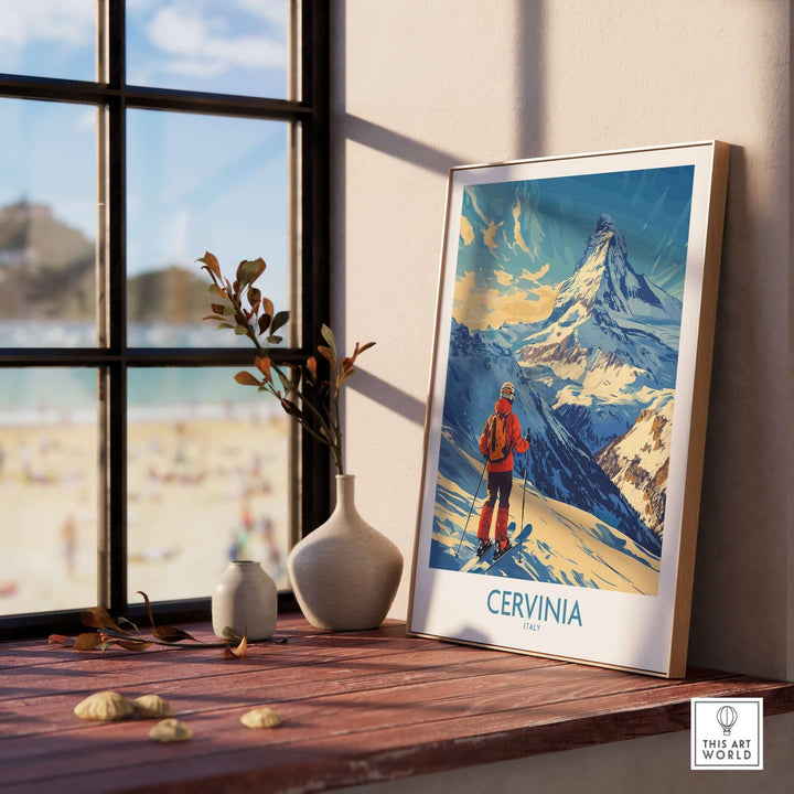 Ski poster of Cervinia, Italy, showcasing stunning mountain views and vibrant ski adventure decor. Perfect for inspiring wanderlust.