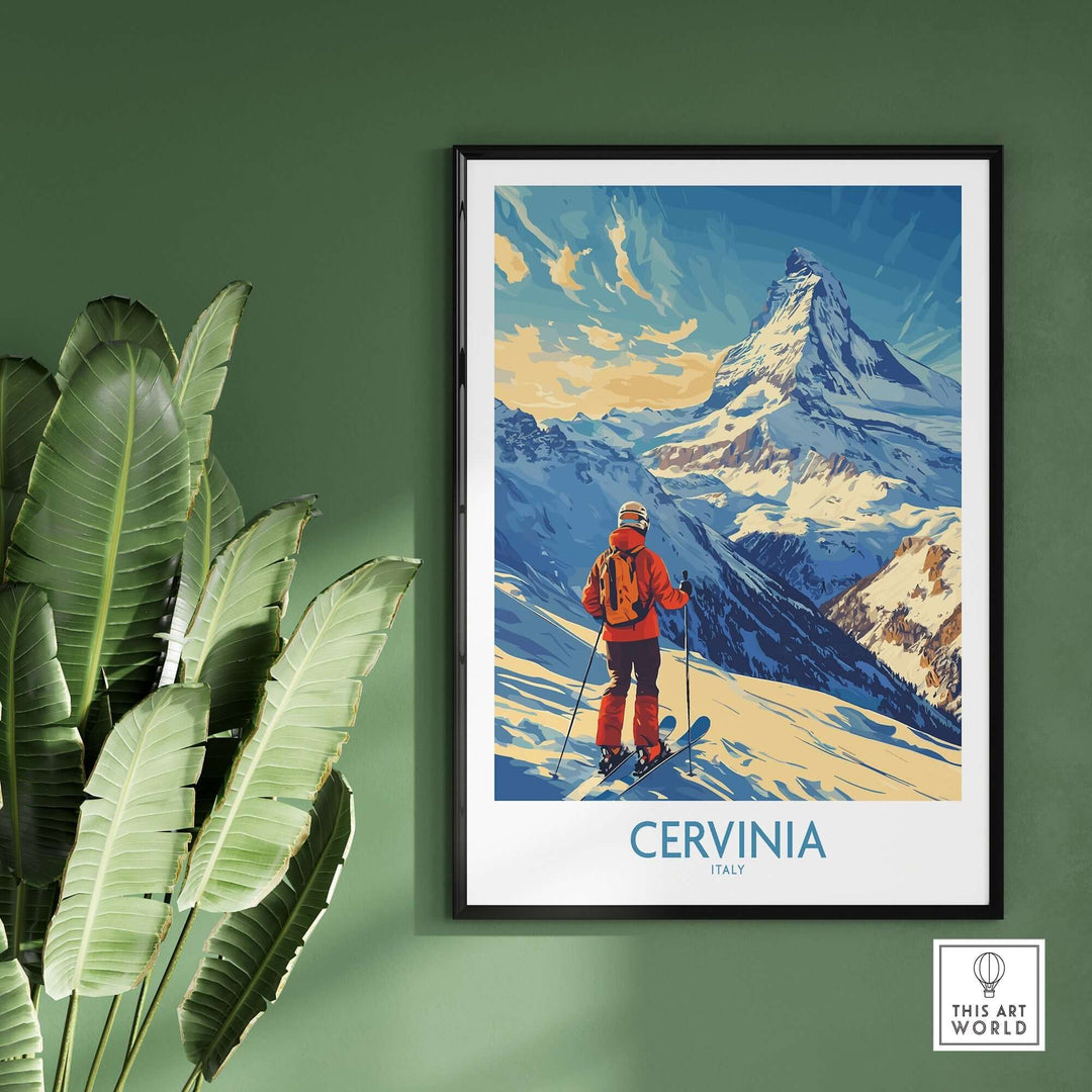 Ski poster of Cervinia, Italy, featuring a skier against stunning mountains in vibrant colors, perfect for home decor.