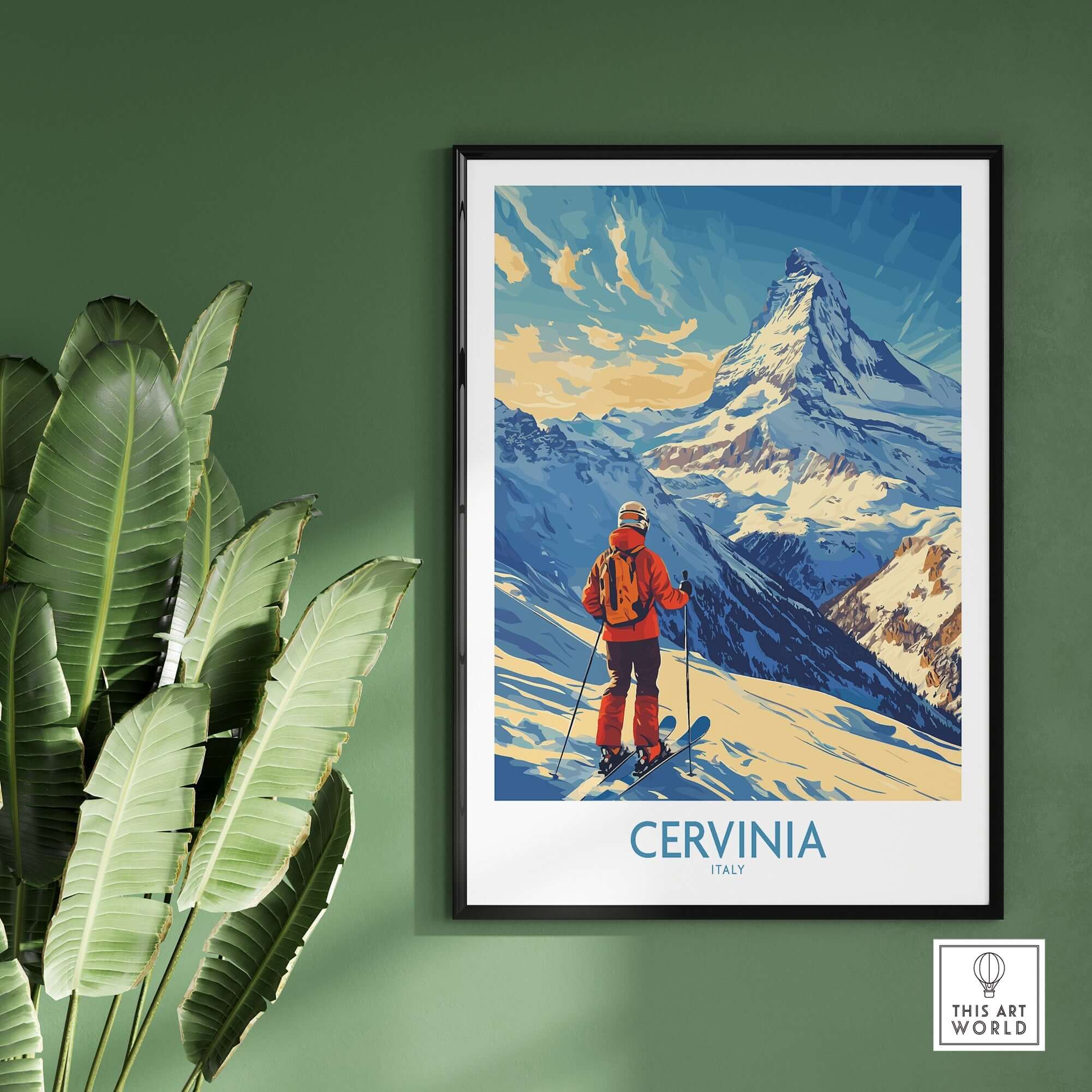 Ski poster of Cervinia, Italy, featuring a skier against stunning mountains in vibrant colors, perfect for home decor.