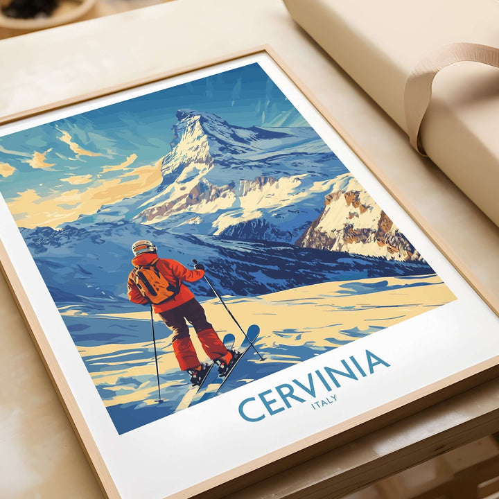 Ski poster of Cervinia, Italy showcasing a skier against stunning mountain views and vibrant colors. Perfect for home decor.