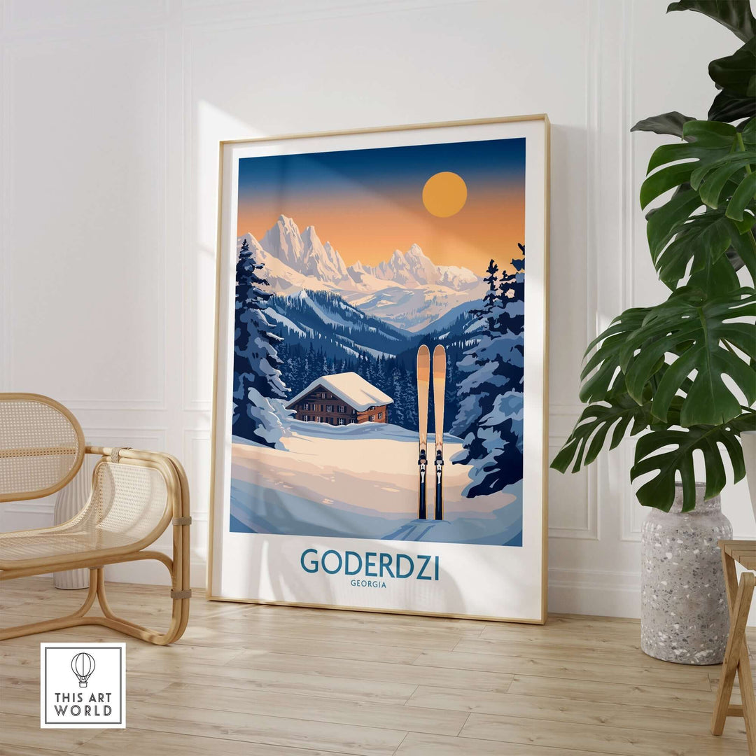 Ski poster featuring Goderdzi, Georgia, showcasing mountains and a cozy cabin, perfect for home decor and ski enthusiasts.