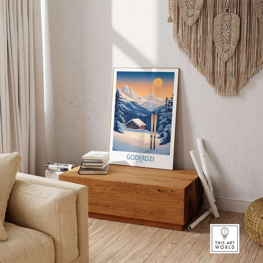 Ski poster of Goderdzi, Georgia depicting snowy mountains and ski equipment, ideal for home decor and ski enthusiasts.