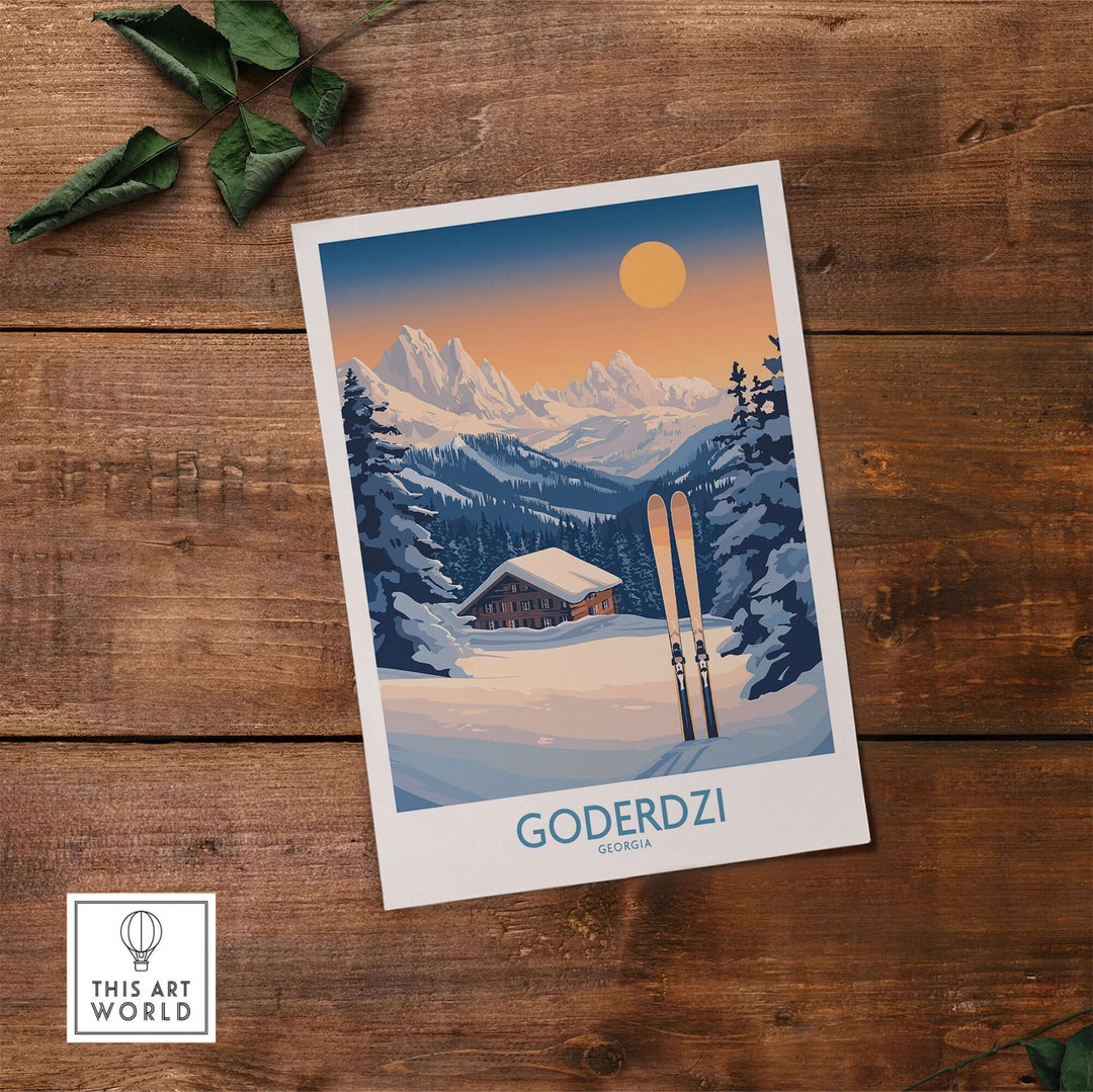 Ski poster of Goderdzi, Georgia featuring snowy mountains and skis, perfect for ski enthusiasts and home decor.