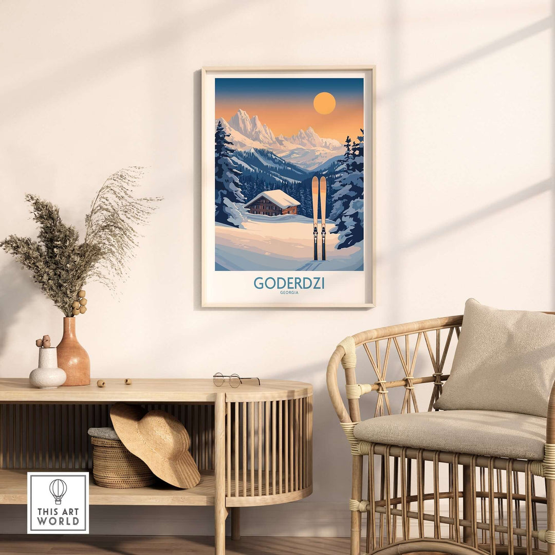 Ski poster of Goderdzi, Georgia, featuring snowy mountains and skis, perfect for ski enthusiasts and home decor.