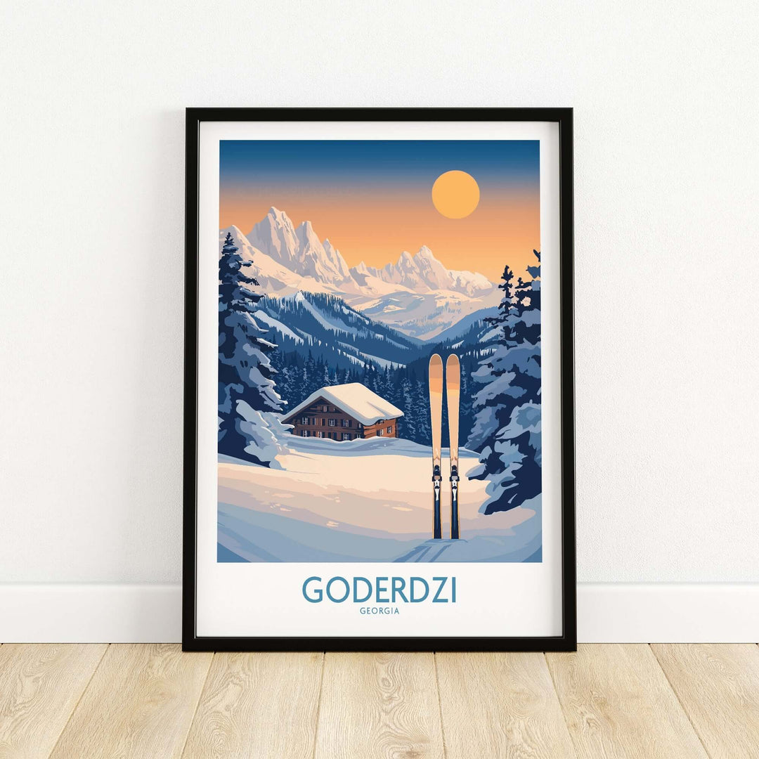 Ski poster featuring Goderdzi Georgia, showcasing snowy mountains, a cozy cabin, and skis against a sunset backdrop.