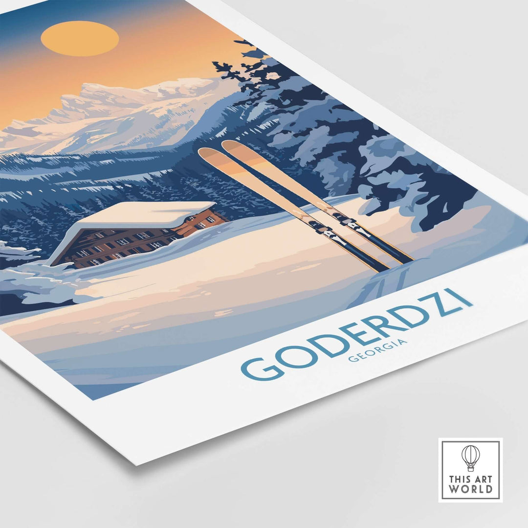 Ski poster of Goderdzi, Georgia featuring a scenic snowy landscape and ski equipment, perfect for ski enthusiasts.