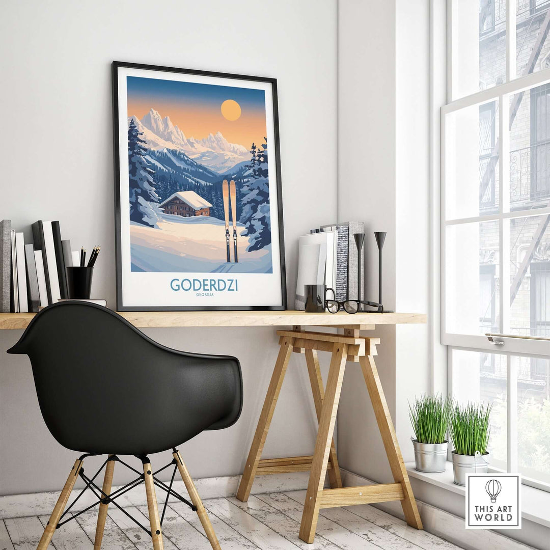 Ski poster of Goderdzi, Georgia, showcasing snowy mountains and a cozy cabin, perfect for home decor and ski enthusiasts.