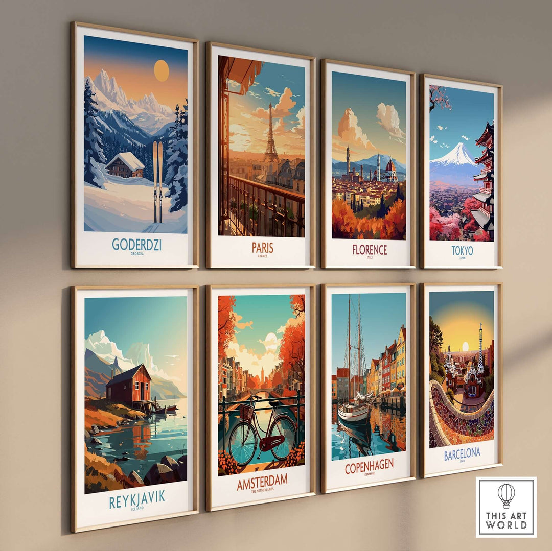 Colorful travel posters on a wall featuring Goderdzi, Paris, Florence, Tokyo, Reykjavik, Amsterdam, Copenhagen, and Barcelona.