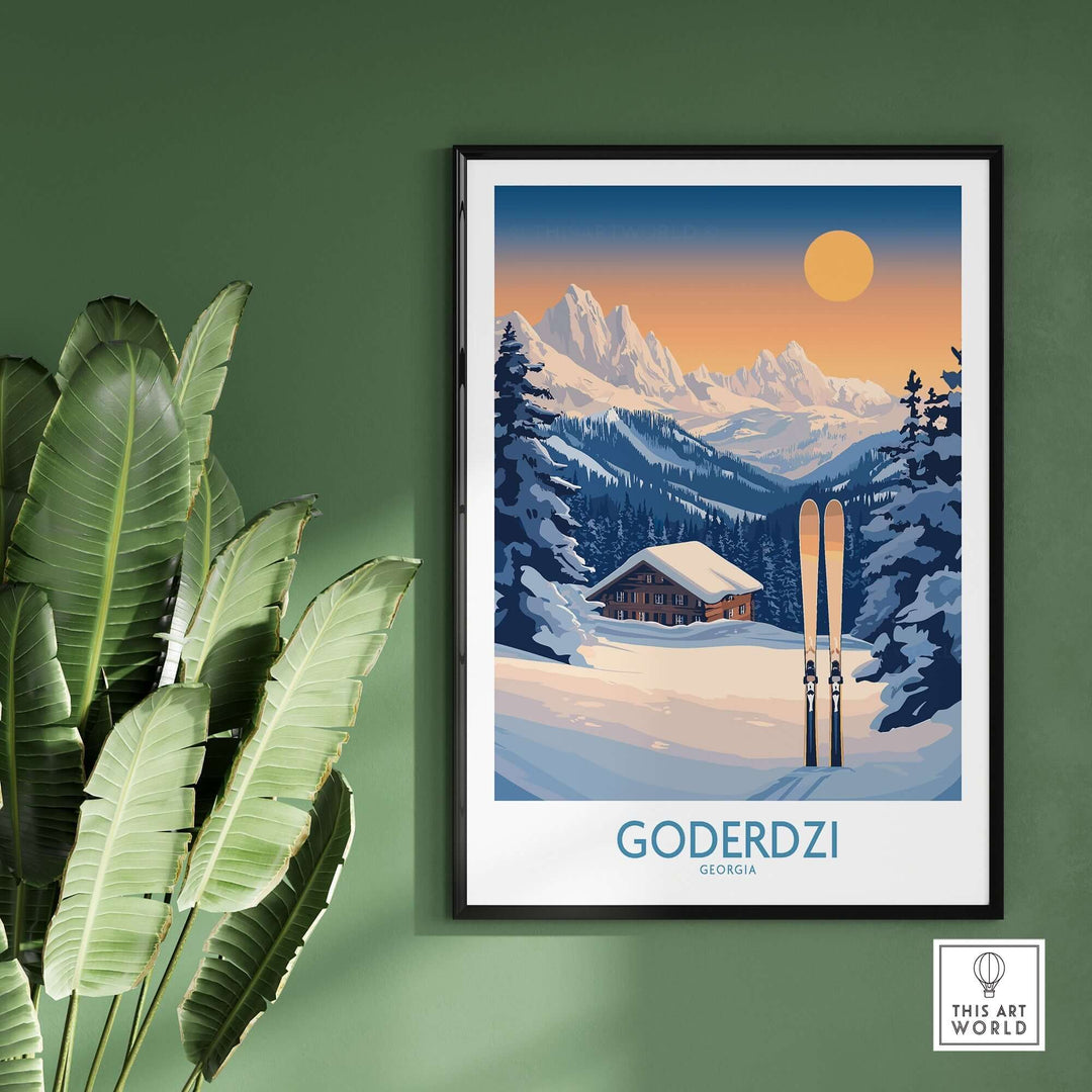 Ski poster featuring Goderdzi, Georgia with stunning mountain views, skis, and a cozy cabin in winter scenery.