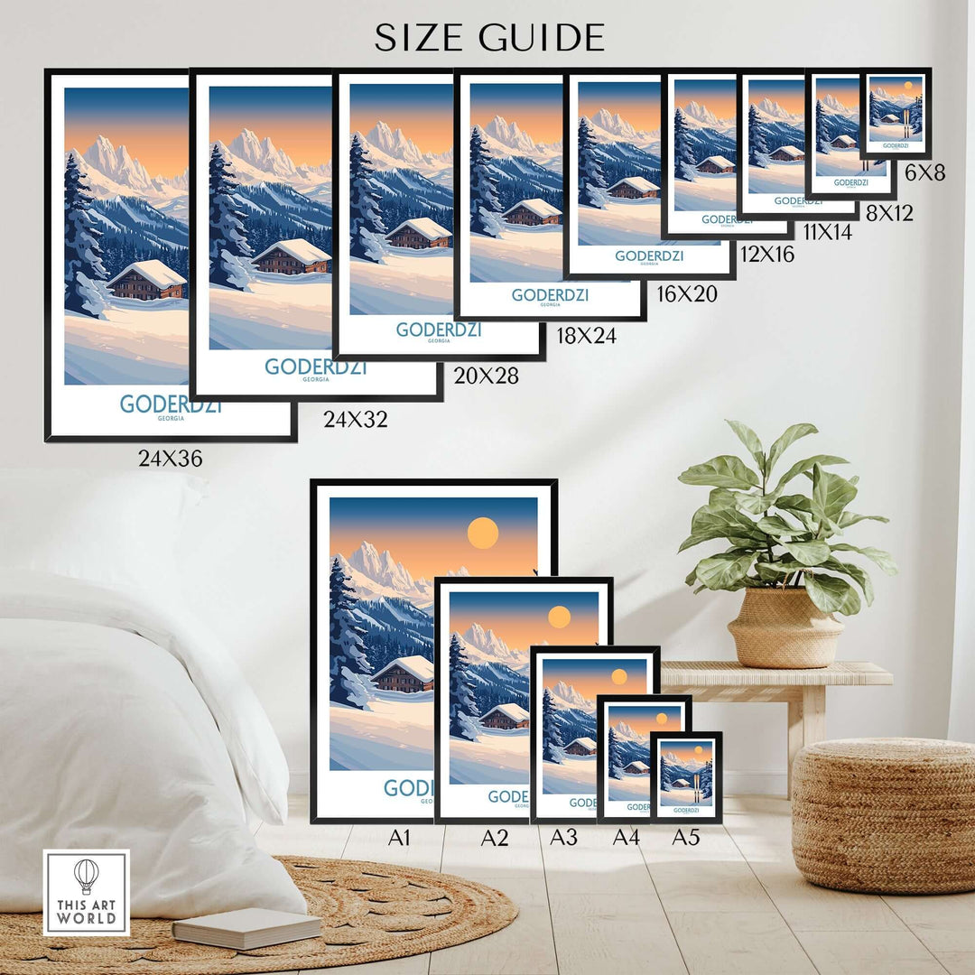 Ski poster size guide featuring Goderdzi, Georgia, showcasing various frame sizes for home decor.