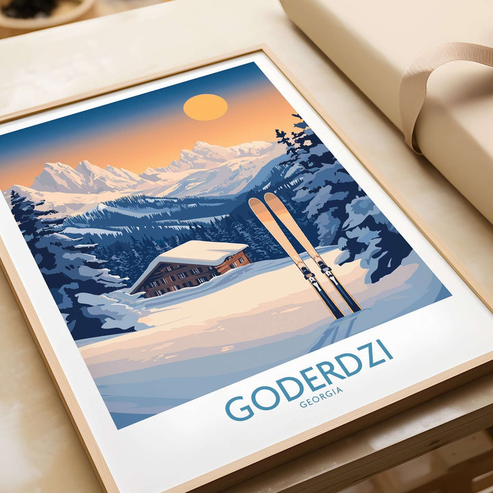 Ski poster featuring Goderdzi, Georgia, showcasing stunning mountains, pine trees, and ski equipment in a cozy winter setting.