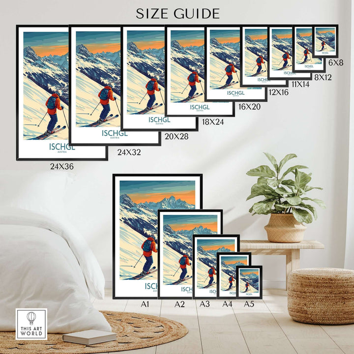 Size guide for vibrant Ischgl ski poster, showcasing various dimensions in a stylish home setting.