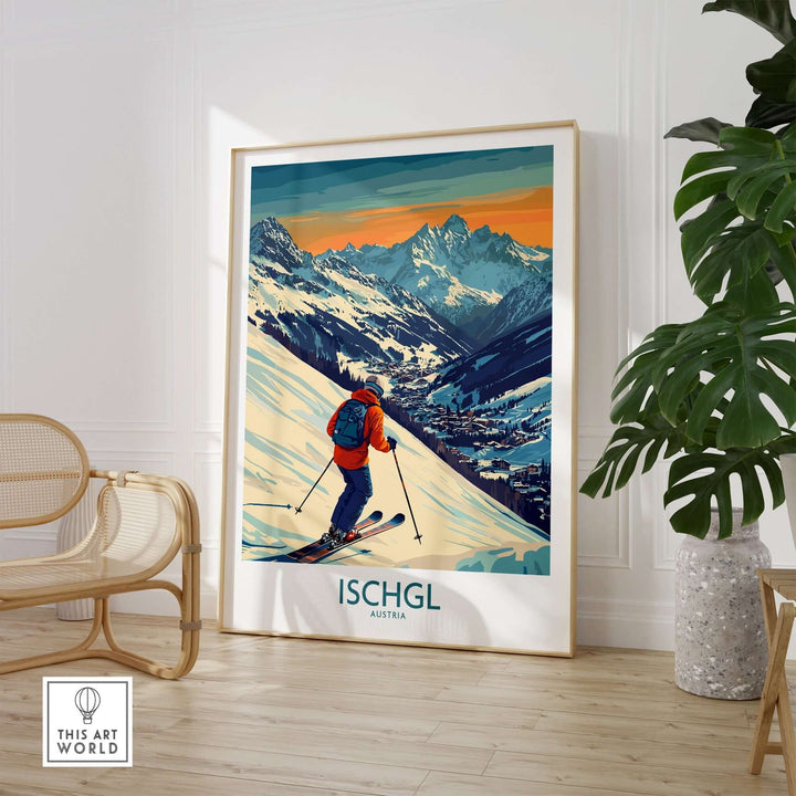 Ski poster of Ischgl, Austria, showcasing a skier on slopes with mountains, perfect for ski enthusiasts' decor.