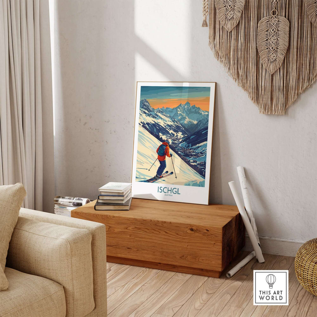 Ski poster of Ischgl, Austria, displayed in a cozy living room, capturing the thrill of skiing in a vibrant design.