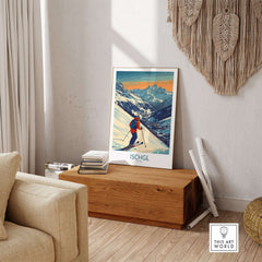 Ski poster of Ischgl, Austria, displayed in a cozy living room, capturing the thrill of skiing in a vibrant design.