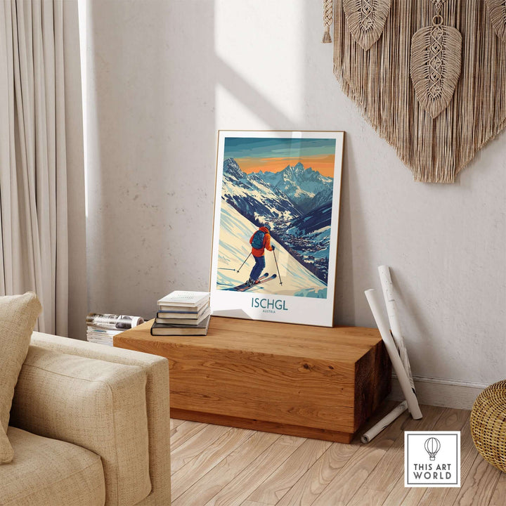 Ski poster of Ischgl, Austria, displayed in a cozy living room, capturing the thrill of skiing in a vibrant design.