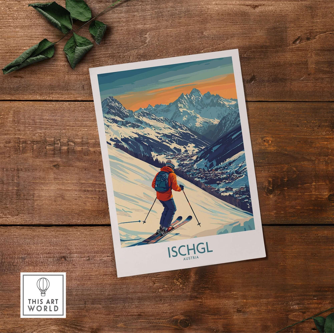 Ski poster of Ischgl, Austria, showcasing vibrant slopes and a skier enjoying the picturesque mountain landscape.