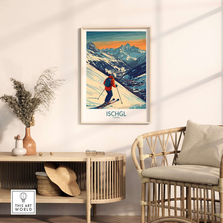 Ski poster of Ischgl, Austria showcasing a skier on the slopes with a mountain backdrop, perfect for winter decor.