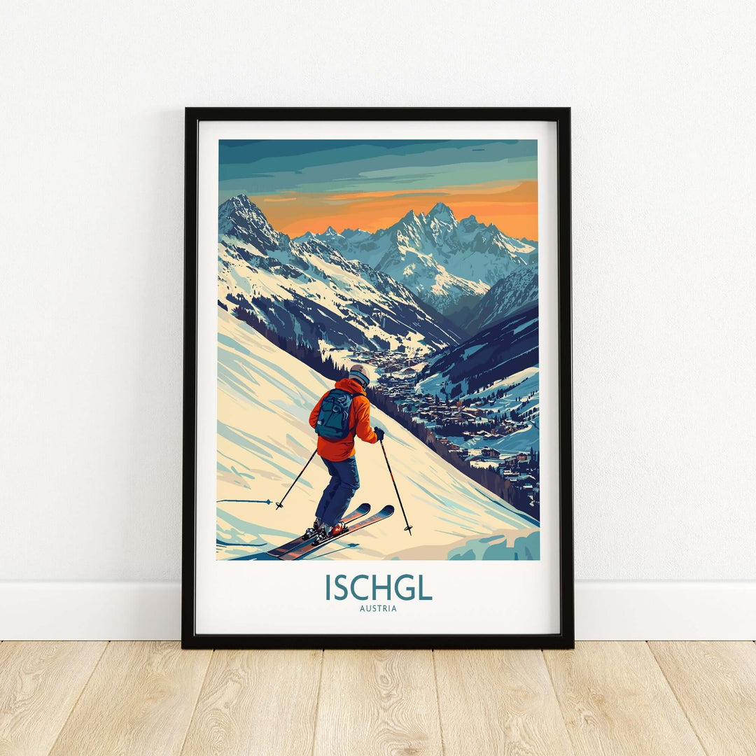 Vibrant ski poster of Ischgl, Austria, showcasing a skier on stunning snow-capped mountains at sunset.