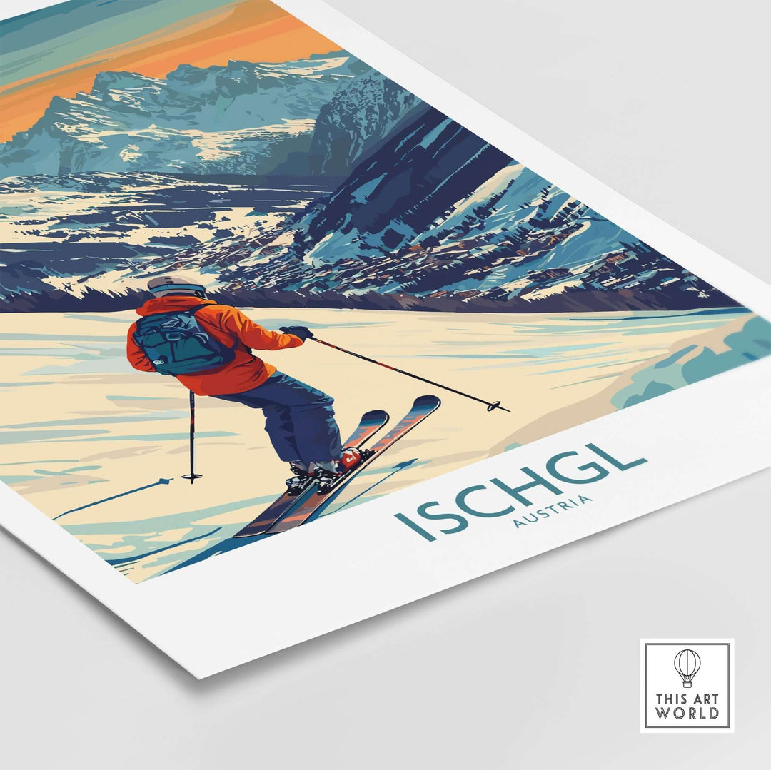 Ski poster featuring a skier in Ischgl, Austria, with vibrant colors and stunning mountain scenery. Perfect for ski lovers.