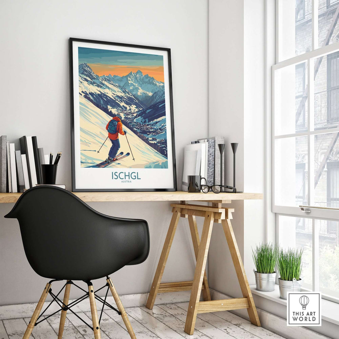 Ski poster of Ischgl, Austria displayed in a modern home office, inspiring winter sports adventure and style.