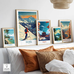 Ski poster of Ischgl, Austria displayed among vibrant travel art prints, showcasing stunning landscapes and adventure themes.